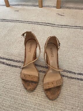 SCHUTZ Cork Open-Toe Ankle-Strap Heels in Natural Brown